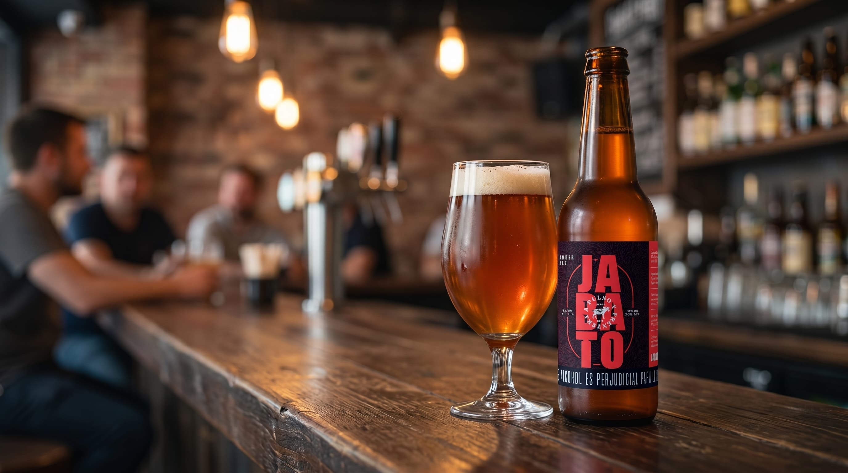 Botella de cerveza Jabato American Amber Ale en una barra
